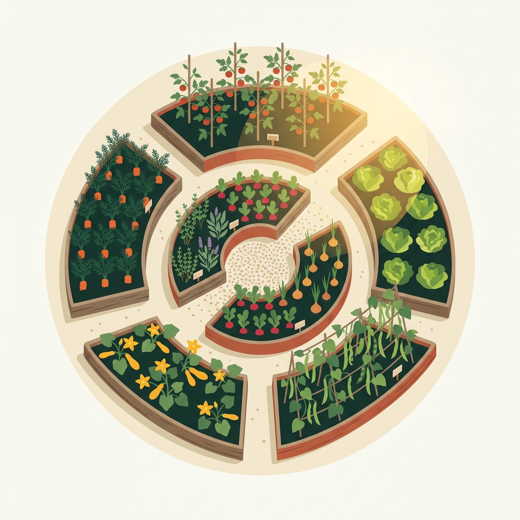 Un potager circulaire vu de dessus, avec des carrés de tomates, carottes, salades, courgettes, oignons, radis, herbes et petits pois.